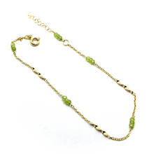 Load image into Gallery viewer, 18k yellow gold rolo spiral anklet 9.8" 25cm with faceted green 3mm peridot.