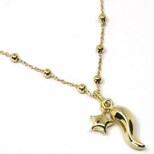 Load image into Gallery viewer, 18K YELLOW GOLD NECKLACE MINI HORN CORNICELLO & STAR PENDANT ALTERNATE SPHERE BALLS CHAIN.
