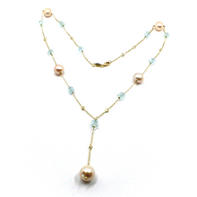 Charger l'image dans la galerie, 18k yellow gold lariat necklace faceted 6mm oval aquamarine pink pearls zirconia.