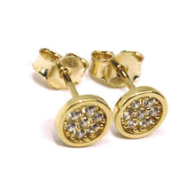 Cargar imagen en el visor de la galería, 18k rose gold mini button earrings with cubic zirconia, disc flower, 6 mm.