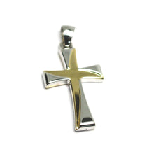 Load image into Gallery viewer, 18K YELLOW WHITE GOLD CROSS, SQUARED 30mm, 1.18 inches, SMOOTH, TUBE ITALY MADE.