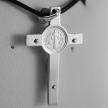 Load image into Gallery viewer, 18k white gold cross with Jesus & st saint Benedict medal made in Italy.