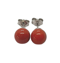 Load image into Gallery viewer, 18k white gold balls spheres perfect red coral button earrings, 8mm 0.31 inches.