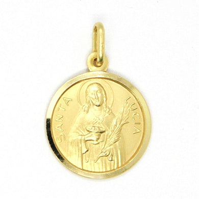 18k yellow gold Holy St Saint Santa Lucia Lucy round medal pendant, small 13 mm.