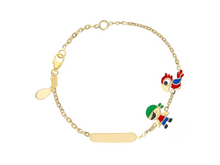 Load image into Gallery viewer, 18k yellow gold kid child boy enamel bracelet parrot pirate plate rolo chain.
