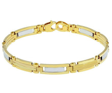 Load image into Gallery viewer, 18K YELLOW WHITE GOLD MAN BRACELET ALTERNATE ROUNDED SQUARED 7mm LINK, 21cm 8.3".