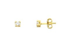 Load image into Gallery viewer, 18K YELLOW GOLD STUD EARRINGS WHITE 3mm CUBIC ZIRCONIA, 4 PRONG, SOLITAIRE.
