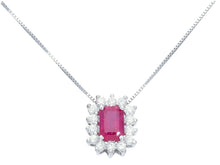 Load image into Gallery viewer, 18k white gold flower necklace diamonds 0.22 & emerald cut red ruby 0.70 pendant.