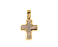 Load image into Gallery viewer, 18k yellow gold small 17mm rounded stylized cross with mother of pearl pendant.