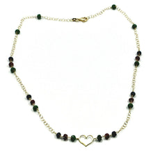 Load image into Gallery viewer, 18k yellow gold heart necklace, faceted green emerald, red ruby, blue sapphire.