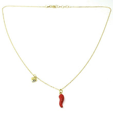 Load image into Gallery viewer, 18K YELLOW GOLD NECKLACE WITH RED ENAMEL MINI HORN CORNICELLO & HEART PENDANT, 16.5" CHAIN.