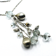 Charger l'image dans la galerie, 18k white gold multi wire waterfall aquamarine pendant, drops chain, necklace.