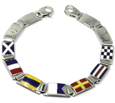 massive solid 18k white gold bracelet with big glazed nautical flags, Italy made.