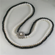 Load image into Gallery viewer, solid 18k white gold necklace with round pearls, onyx and diamonds made in Italy.