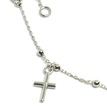 Cargar imagen en el visor de la galería, 18k white gold mini rosary bracelet, 1.5 mm spheres, pendant cross, 7.1 inches.