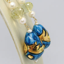 Cargar imagen en el visor de la galería, 18k yellow gold earrings lemon quartz, blue ceramic drop hand painted in Italy.