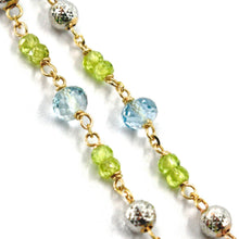 Load image into Gallery viewer, 18K YELLOW WHITE GOLD BRACELET, AQUAMARINE, PERIDOT, DIAMOND CUT BALLS AND DISC.