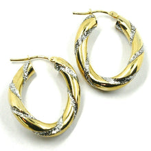 Load image into Gallery viewer, 18K YELLOW WHITE GOLD OVAL CIRCLE HOOPS PENDANT EARRINGS, 4mm TWISTED, GLITTER.