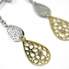 Load image into Gallery viewer, 18K YELLOW WHITE GOLD PENDANT EARRINGS, DOUBLE FLAT DROPS WITH FLOWERS, 3.5cm.