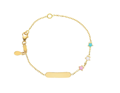 18k yellow gold kid child girl baby bracelet enamel 3 stars and plate rolo chain.
