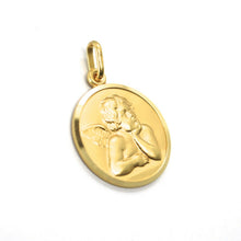 Load image into Gallery viewer, solid 18k yellow gold Guardian Angel small 13mm medal, pendant, very detailed.