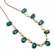 Cargar imagen en el visor de la galería, 18k rose gold long 17.3" 44cm necklace london blue topaz drops, 1mm rolo chain.