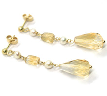 Cargar imagen en el visor de la galería, 18k yellow gold pendant earrings, pearl and citrine drop, 1.93 inches.