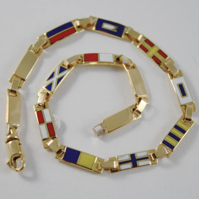 solid 18k yellow gold bracelet with flat glazed nautical flags, made in Italy.