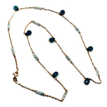 Cargar imagen en el visor de la galería, 18k rose gold 20" 50cm long necklace london blue topaz drops and aquamarine.