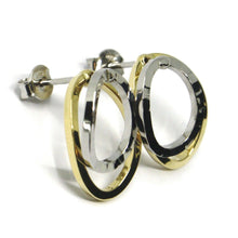 Load image into Gallery viewer, 18K YELLOW WHITE GOLD PENDANT EARRINGS ONDULATE DOUBLE SQUARED OVAL 1.7cm, 0.67".
