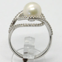 Cargar imagen en el visor de la galería, 18k white gold band pearl zirconia ring ondulate, wave, double.