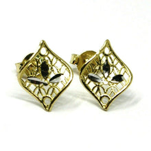 Load image into Gallery viewer, SOLID 18K YELLOW WHITE GOLD EARRINGS, PETAL, FLOWER, WAVY, 12x10 mm, RHOMBUS.