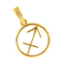 Load image into Gallery viewer, 18k yellow gold zodiac sign round mini 12mm pendant, sagittarius stylized.