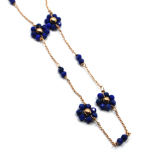 Cargar imagen en el visor de la galería, 18k rose gold 18" faceted blue with lapis lazuli flowers rolo chain necklace.