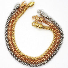 Load image into Gallery viewer, 3 18K ROSE YELLOW WHITE GOLD BRACELETS 7.3 INCHES, BASKET WEAVE, POPCORN 4 MM.