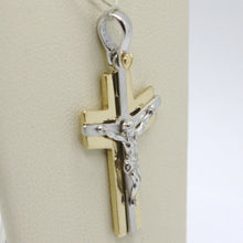 Load image into Gallery viewer, SOLID 18K WHITE YELLOW GOLD PENDANT ALTERNATE CROSS, JESUS, SATIN, MADE IN ITALY.