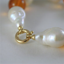 Cargar imagen en el visor de la galería, 18k yellow gold bracelet with strand of pearls and amber 7.87 in made in Italy.