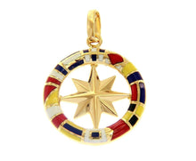 Load image into Gallery viewer, 18k yellow gold compass wind rose pendant, 2.3cm, enamel nautical flags.