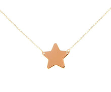 Load image into Gallery viewer, 18k rose gold necklace 13mm central flat star, rolo oval 1mm chain, 16.5&quot;.
