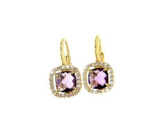Charger l'image dans la galerie, 18k yellow gold leverback earrings cushion purple amethyst cubic zirconia frame.