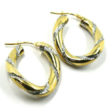 Load image into Gallery viewer, 18K YELLOW WHITE GOLD OVAL CIRCLE HOOPS PENDANT EARRINGS, 4mm TWISTED, GLITTER.
