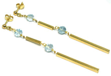 Charger l'image dans la galerie, 18k yellow gold pendant earrings, faceted aquamarine, tubes, length 2.75 inches.