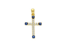 Load image into Gallery viewer, 18K YELLOW GOLD SMALL 12mm CROSS WITH WHITE & BLUE ROUND CUBIC ZIRCONIA.