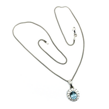 Charger l'image dans la galerie, 18k white gold oval blue topaz zirconia flower pendant popcorn chain necklace.