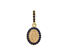 Load image into Gallery viewer, solid 18k yellow oval gold medal, Virgin Mary 12mm, miraculous with blue zirconia pendant.