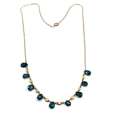 Cargar imagen en el visor de la galería, 18k rose gold long 17.3" 44cm necklace london blue topaz drops, 1mm rolo chain.