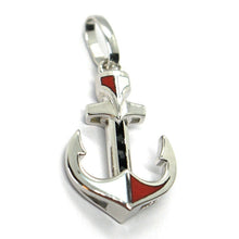 Cargar imagen en el visor de la galería, 18k white gold nautical anchor pendant with black spinel, red & white enamel.