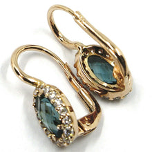 Cargar imagen en el visor de la galería, 18k rose gold leverback flower earrings, oval blue crystal, cubic zirconia frame.