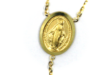 Load image into Gallery viewer, 18k yellow gold rosary necklace miraculous medal Jesus Cross diamond cut spheres.
