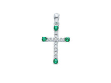 Cargar imagen en el visor de la galería, 18K WHITE GOLD SMALL 12mm CROSS WITH WHITE & GREEN ROUND CUBIC ZIRCONIA.